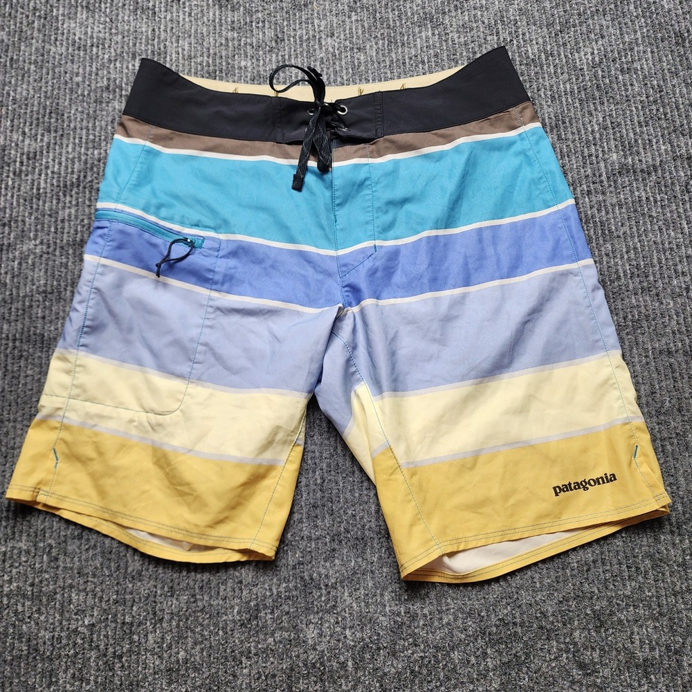 Patagonia Mens Board Shorts Size 30 Blue Yellow Striped Swim Trunks Surf